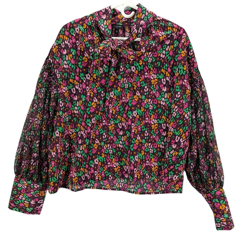 Who What Wear Shirt Womens Extra Large Floral Cropped Sheer Sleeves Bow Tie Neck